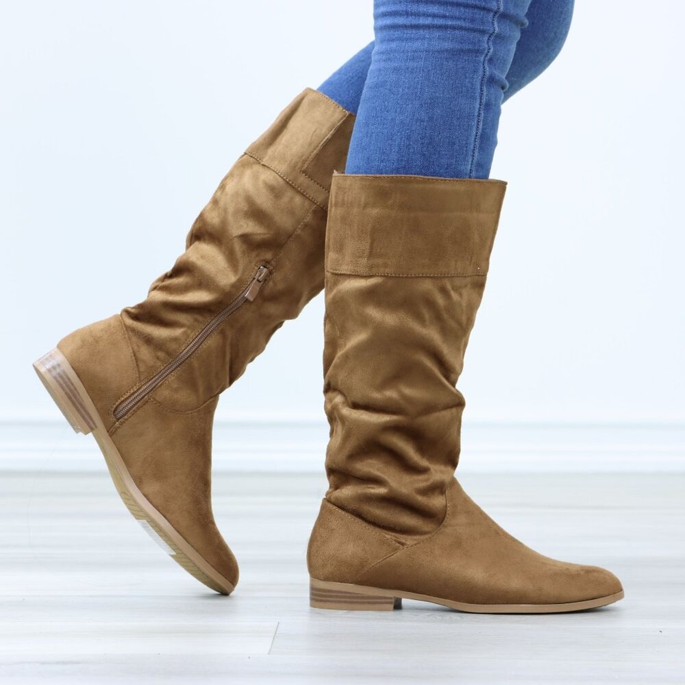 Tan Low Heel Boots Round Toe Above Ankle Mid-Calf Booties Faux Suede